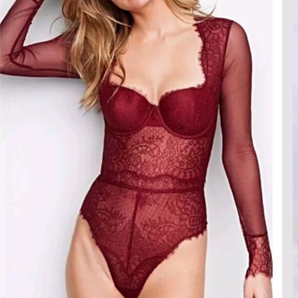Victoria's Secret Eyelash Lace Mesh Sheer Thong Bodysuit Teddy Long Sleeve 36C - Picture 1 of 16